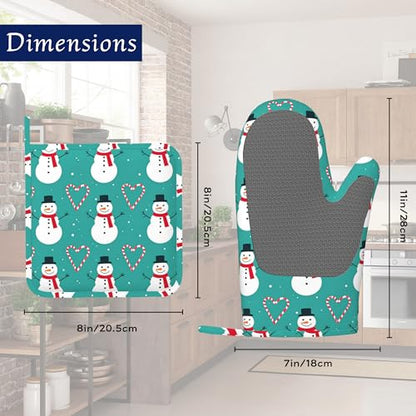 Christmas Snowmen Oven Mitts and Pot Holders Sets of 4 Love Heart Candy Canes Heat Resistant Silicone Oven Mits Gloves Non-Slip Kitchen Mittens Potholders for Cooking Baking Grilling BBQ - color: Christmas Snowmen,love Heart Candy Canes
