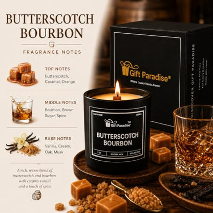 Butterscotch Bourbon Candle – 7 oz Soy Wax Wood Wick with Magnetic Gift Box, Warm Caramel Vanilla Bourbon Scent, Cozy Dessert for Home Décor, Relaxation, Fall Gifts & Housewarming