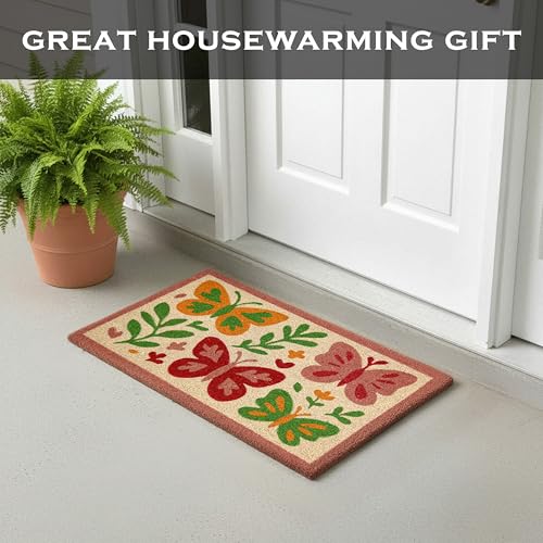 MAINEVENT Butterfly Welcome Mat 30x17 Inch, Spring Outdoor Doormat Coir | Natural Coco Fiber Spring Decor, Pvc Backing, Dirt Scraper, Nature-Inspired Farmhouse Decor, Housewarming Gift, Covered Porch