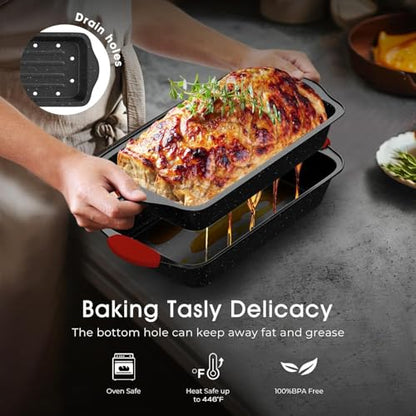 11-Piece Nonstick Stackable Baking Pans Set, Non Toxic Oven Pans, Red&Black | Toxin-Free Bakeware Sets, Baking Pan Set with Silicone Handles, Includes Cookie Sheets, Loaf Pan, Pizza Pan, Muffin Pan