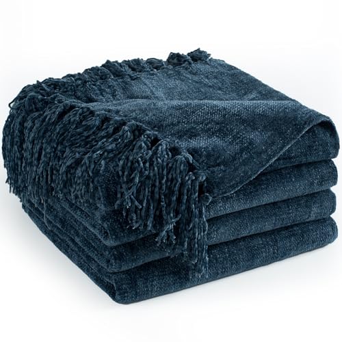 Chenille Throw Blanket for Couch 60" x 80" Twin, Navy Blue | Soft Cozy Warm Throws with Fringe Tassel, for Living Room Bed Sofa Chair Cover, Lightweight Knitted Decorative Boho Blankets - color: Navy Blue, size: 60x80 inch