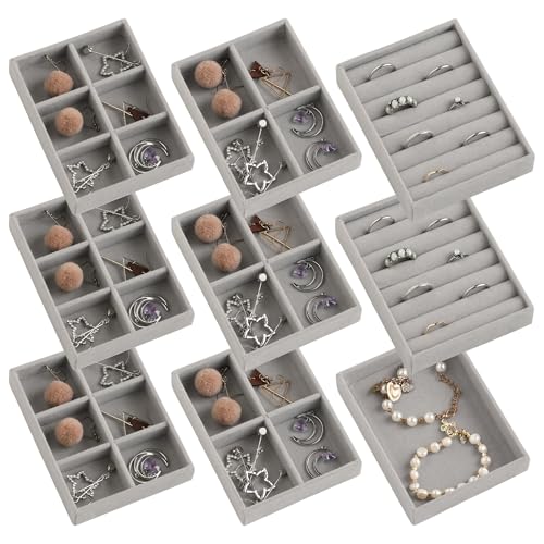 Small Jewelry Organizer for Drawer,Set of 9 Velvet Jewelry Trays | Jewelry Box Inserts,Drawer Inserts,Vanity Drawer Organizer,Mini Size,Stackable Earring Organizer,Adjustable Dividers - color: Grey, size: Mixed Set 9