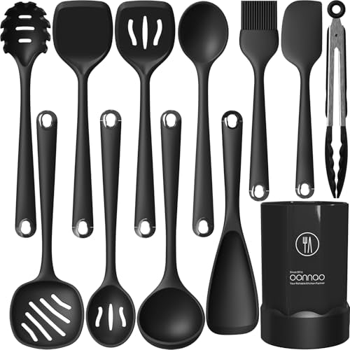 Silicone Kitchen Utensils Set,Utensils Sets for Cooking,Dishwasher Safe | Seamless Spatula Set,Nonstick Cookware, BPA-Free,Heat Resistant up to 600°F, Housewarming Gift,Black - color: Black