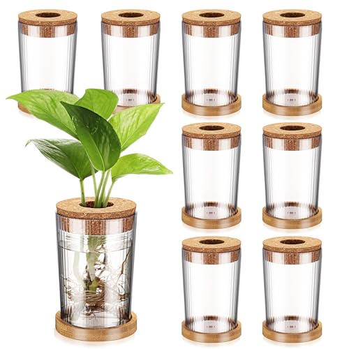 9 Packs Propagation Vases for Plants Plastic Plant Propagation Station with Hole Lid and Bamboo Stand Growing in Water Hydroponic Home Office Table Decoration(Stripe Style) - style: Stripe Style