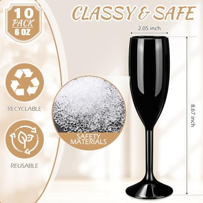 Zopeal Plastic Reusable Champagne Flute Glasses 6 oz and 50 Pcs Bow Set Acrylic Wedding Toasting Goblet 3.5" Bow Unbreakable Wine Cup for Bachelorette Bridal Shower Party(Black and Gold) - color: Black and Gold