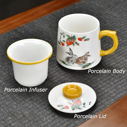 Ceramic Tea Mug with Infuser and Lid, Rabbit Pattern, 11.8 fl oz (350ml) | Ceramic tea cup with infuser and lid, Jingdezhen porcelain, matching saucer, removable strainer, for tea at home or office - color: Suet Jade-Rabbit