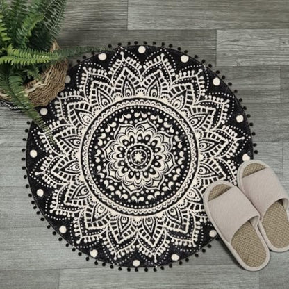 Uphome Small Round Rug 2.3’ Black Mandala Boho Bathroom Rugs with Pom Poms Fringe Washable Circle Shower Mat Soft Non-Slip Cute Circular Throw Rug for Sink Powder Room Bedroom Kids Room Nursery - color: Black-upgraded, size: 2.3' Round