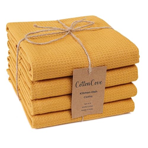 Waffle Kitchen Towels 100% Cotton Set of 4-320 GSM Quality - Soft Absorbent Durable Washable Dish Cleaning Towel for Kitchen & Home - Quick Drying Dish Towel 16x26 inch Mustard Yellow - color: Mustard Yellow