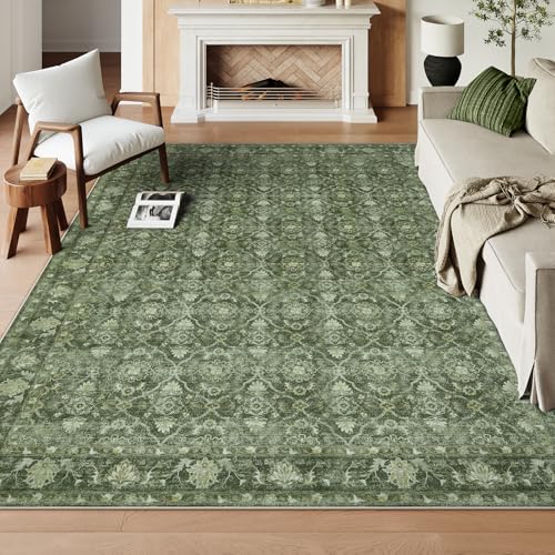 Hedlive Green Washable Area Rugs 8x10 for Living Room, Vintage Moroccan Bedroom Rug Non Slip with Ruber Backing, Stain Resistant Large Carpet for Dining Office Home Apartment (Olive 8x10 Ft) - color: Green, size: 8' x 10' (Rectangular)