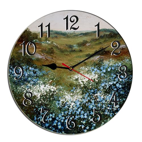 Rural Scenery Wildflowers Wall Clock Countryside Roads Wooden Thanksgiving Desk Decor Decorative Battery Operated Clocks for Living Room Bedroom Bathroom Farmhouse Round 12" - color: A-10, size: Round 12inch