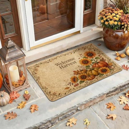 Sunflowers Welcome Door Mat, Seasonal Rustic Pumpkins Harvest Autumn Yellow Non-Slip Dirt Trapper Decorative Doormat Entryway Decor for Front Porch Bathroom Office 29x17 Inch