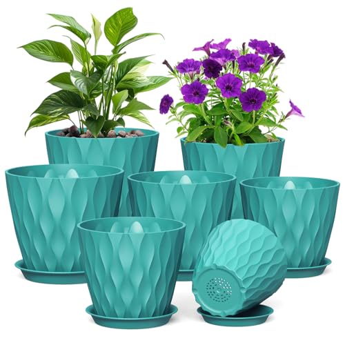 Meowell 7/6.5/6/5.5/5/4.5/4 inch Plant Pots for Indoor Outdoor Plants, 7 Pack Thick Flower Pots with Drainage Holes and Saucers, Modern Wave Texture Small Plastic Planters Nursery Pots, Blue Green - color: Blue Green, size: 7+6.5+6+5.5+5+4.5+4 in 7 set