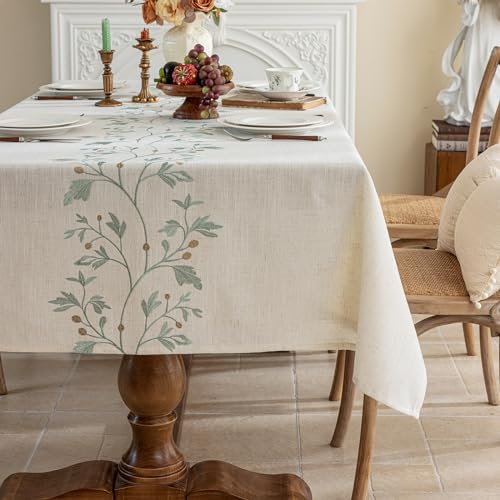 Joyfol Day Rustic Waterproof Linen Tablecloth, Heavy Weight Beige Embroidery Table Cloths for Rectangle Tables, Burlap Farmhouse Table Covers (Green Leaves, 55''x 102'') - color: Green, size: 102" x 55" (Rectangular)