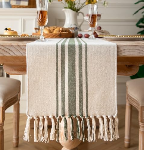 Boho Table Runner for Modern Farmhouse Decor, Dining Table décor 13 x 90 Inch Long with Handcrafted Tassels, Green and Beige Stripe Table Runner for Home Boho décor - color: Green Beige, size: 13x90Inch