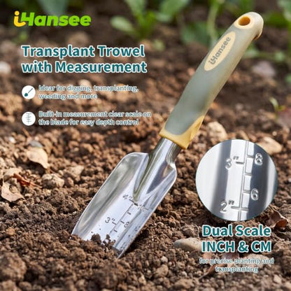 Green Garden Tools 4-Piece, Aluminum Alloy Gardening Hand Tool Set | Transplant Trowel, Hand Rake, Curved Pruner with Ergonomic Handle, Garden Gloves, Gardening Gift for Men Women Plant Lover - color: green-4pcs