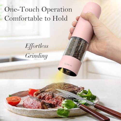 Ultrean Pepper Grinder, Rechargeable Salt and Pepper Grinder with 6 Adjustable Coarseness, LED Light, Automatic Grinder for Kitchen, Cooking Gifts for Women Valentines Day Gifts for Her, Pink - color: Pink
