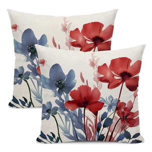 Floral Pillow Covers 18x18 Inches Set of 2 Independence Day Blue Red Floral Throw Pillow Covers Outdoor Rustic Summer Flower Decor Pillowcase Farmhouse Decorative Cushion Cover for Sofa Couch - color: Blue Red Floral, size: 18" x 18" (Pack of 2)
