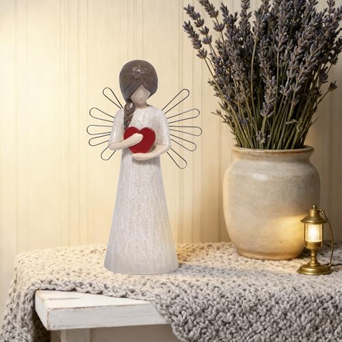 Hodao Angel Figurine with Red Heart, 5.1" Resin Wood-Carved Look with Metal Wire Wings, Hand-Painted Indoor Home Decorations, Spiritual Holiday Decor Ornaments, Gift-Ready Box - style: Z-holding heart-small