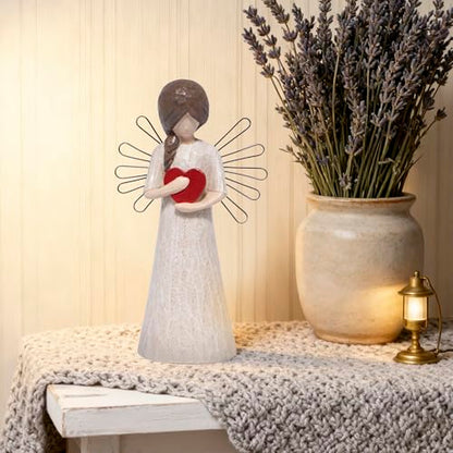 Hodao Angel Figurine with Red Heart, 5.1" Resin Wood-Carved Look with Metal Wire Wings, Hand-Painted Indoor Home Decorations, Spiritual Holiday Decor Ornaments, Gift-Ready Box - style: Z-holding heart-small