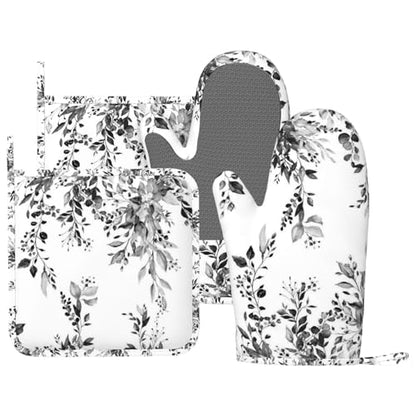 Black and White Eucalyptus Oven Mitts and Pot Holders Set, 4pcs Silicone Grey Watercolor Plant Leaves Oven Glove for Kitchen Heat Resistant Oven Mitts and Potholders Non-Slip for Cooking - color: Black White