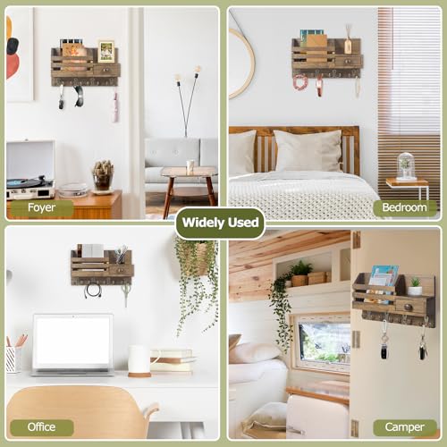 Key Holder Wall Mount, Wooden Key and Mail Organizer, Brown | 2 Mount Options, Includes 8 Hooks, Fence Mail Slot, Small Drawer and Shelf, for Entryway, Hallway, Doorway, Living Room, RV - color: Brown