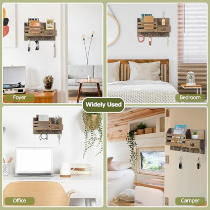 Key Holder Wall Mount, Wooden Key and Mail Organizer, Brown | 2 Mount Options, Includes 8 Hooks, Fence Mail Slot, Small Drawer and Shelf, for Entryway, Hallway, Doorway, Living Room, RV - color: Brown