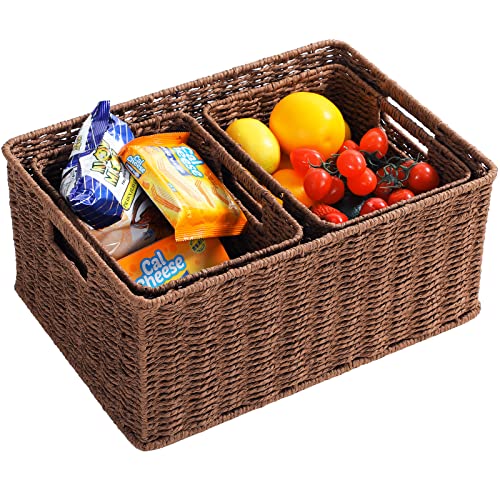 HOONEX Large Woven Baskets for Storage, Paper Rope Baskets with Sturdy Metal Wire Frame, Baskets for Shelves, Set of 3, Dark Brown - color: Dark Brown, size: 17 x 12.2 x 7.5 inches