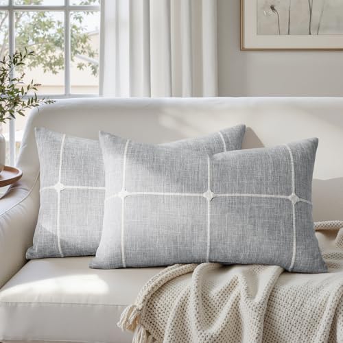 HOMEIDEAS Decorative Plaid Throw Pillow Covers 20x12 Set of 2 | Gray Farmhouse Cushion Embroidered Pattern,Soft Linen Feel Textured Neutral,Couch Sofa Bed Living Room,Farmhouse Fall Decor - color: Light Grey Plaid, size: 20" x 12" (Pack of 2)