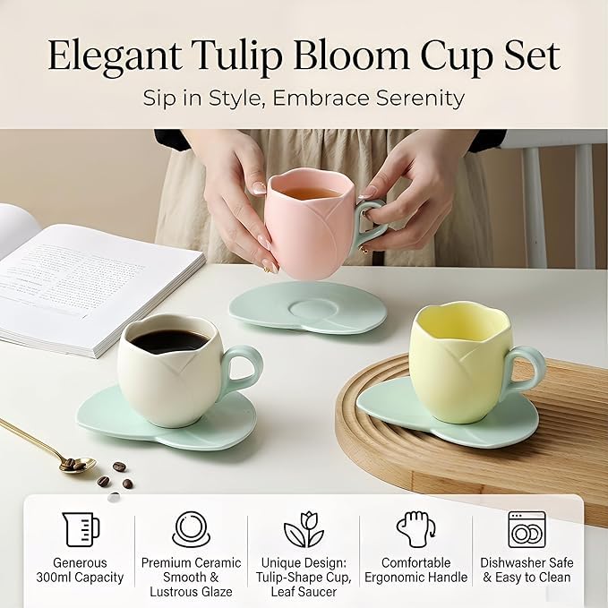 Ceramic Tulip Coffee Mug With Saucer Set, Comfortable Handle Tulip Flower Cup, Smooth Surface Heat-resistant Tea Cup For Office And Home (Pink) - color: Pink