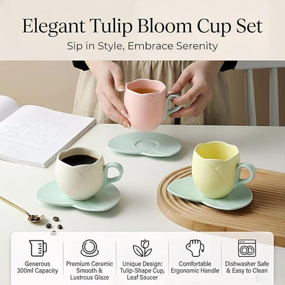 Ceramic Tulip Coffee Mug With Saucer Set, Comfortable Handle Tulip Flower Cup, Smooth Surface Heat-resistant Tea Cup For Office And Home (Pink) - color: Pink