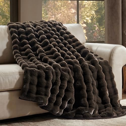 Faux Rabbit Fur Bubble Throw Blanket, 60"x80", Dark Brown | Ultra Soft, Luxury Faux Rabbit Fur Throw, Thick Warm Bubble Blanket, Cozy Fluffy Reversible, for Bed, Couch, Chair, Sofa - color: Dark Brown, size: 60"x80"