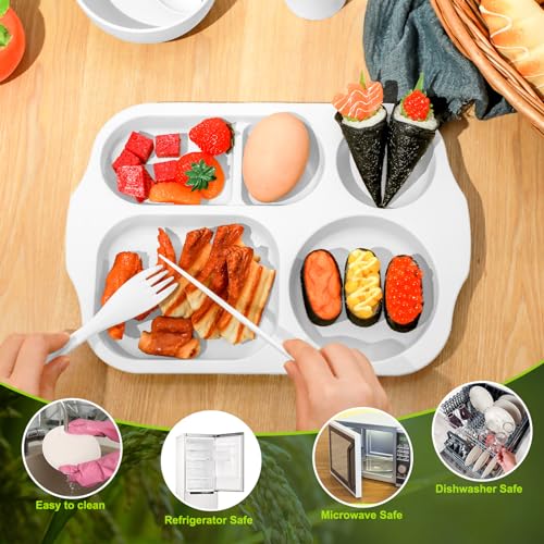 Honoson 24 Pcs Wheat Straw Dinnerware Cutlery Set, Service for 4, Unbreakable Plates and Bowls Set - Divided Plates, Bowls, Spoons, Forks & Knives, Microwave & Dishwasher Safe(White) - color: White