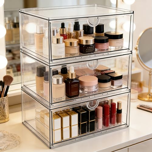 Prsildan Acrylic Makeup Organizer, 3 Pack Stackable Clear Storage Drawers for Baby Bottles Desk Organizers with 3 Drawers for Countertop Vanity Nursery Modular System for Cosmetics Jewelry - size: Stackable-3Drawers