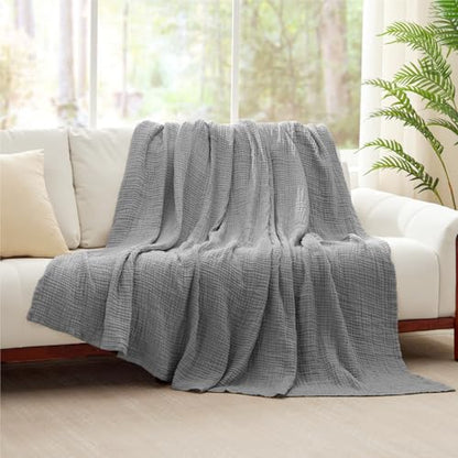 100% Cotton Muslin Blanket Twin XL 66" x 90", Breathable and Cooling Bed Blankets, Soft Boho Coverlet Bedspread, Gauze Bedding for Adults All Season, Grey - color: 03 - Medium Grey, size: Twin Xl(66" X 90")