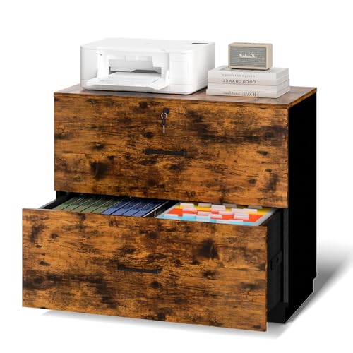 VINGLI 2 - Drawer Lateral File Cabinet with Lock, Lockable Wood Filing cabinets for Home Office, Wooden Printer Stand with 2 Drawers for Letter Legal A4 Size File Folder Storage, Rustic Brown & Black - color: Rustic Brown & Black