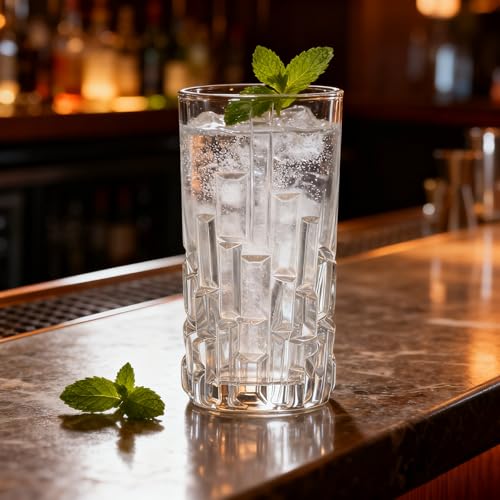 Tall Highball Glasses Set Of 6 - Elegant Tom Collins Glasses - Textured Designer Glassware Set For Whiskey,Drinks, Water, Beer, Soda 10 Oz