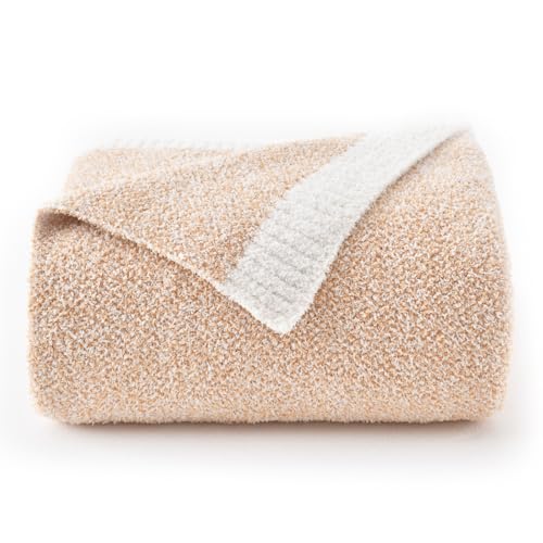Chunky Knit Boucle Throw Blanket, Soft Washable Coastal Blanket for Bed Couch, Lightweight Cozy Oversized Feather Knit Blanket Indoor Outdoor for Sofa (Beige, Throw 50"x60") - color: Beige, size: Throw 50"x60"
