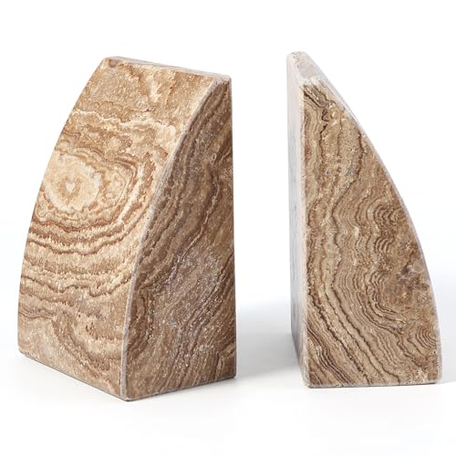 Travertine Bookends for Shelves, Large Stone Bookends for Heavy Books, Non-Slip Heavy Duty Book Stopper for CD/Movies, Aesthetic Decorative Book Ends for Bookshelf Table Home Decor(Brown) - color: Sail-brown Travertine