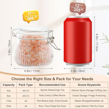 17oz Airtight Glass Jar with Lid, 6 Pack Clamp Lid Glass Storage Jars, Flip Top Food Storage Containers, Wide Mouth Thick Glass Jars for Yogurt Dessert Jam Sugar Snacks Pantry Kitchen Organization - size: 17 fl oz x 6 - Ridged