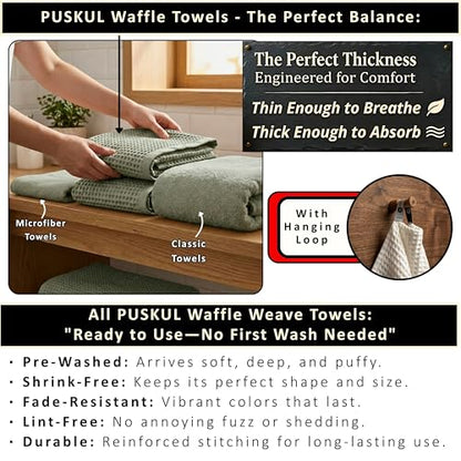 PÜSKÜL 2-Piece Natural 100% Turkish Cotton Waffle Bath Towels Extra-Large | Sage Green 32x63" Bath Sheet Towel, Light Soft Absorbent Quick-Dry Lint-Free Premium Honeycomb Weave Oeko-Tex Made in Turkiye - color: Sage Green