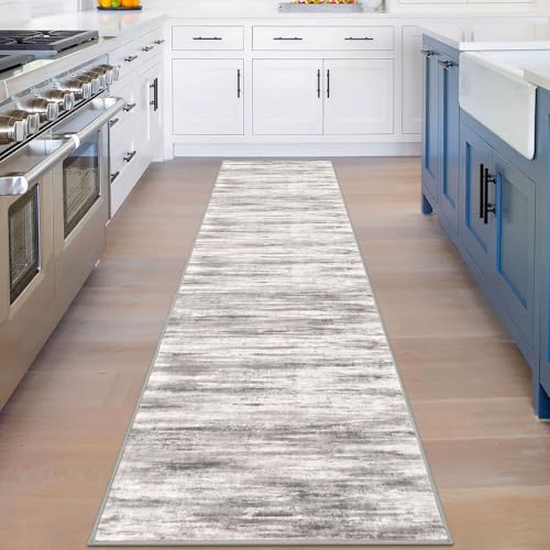 KOZYFLY Modern Abstract Washable Rug Runner 2x8 Hallway Runner Rug Non-Slip Soft Kitchen Runner Rugs, Print Grey/Light Beige/Brown Striped Carpet Runner for Entryway Bathroom - color: Grey/Light Beige/Brown, size: 2' x 8' (Runner)