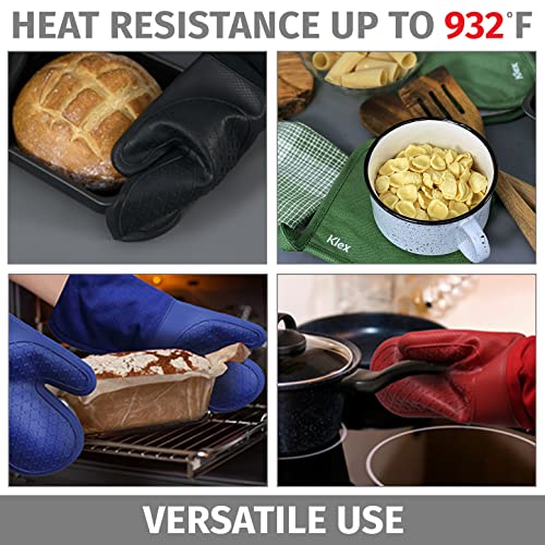 Klex Extra Long Silicone Oven Mitts and Pot Holders, 932°F Degrees Heat Resistance with Quilted Liner Oven Gloves and Hot Pads, 4 Piece Set, 15 inch, Red