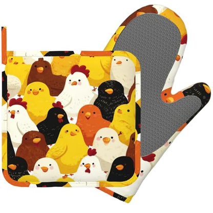 Funny Cartoon Chicken Oven Mitts and Pot Holders Sets Silicone Kitchen Mitts Potholders Heat Resistant Oven Gloves Hot Pads for Kitchen Baking Cooking - color: Funny Cartoon Chicken
