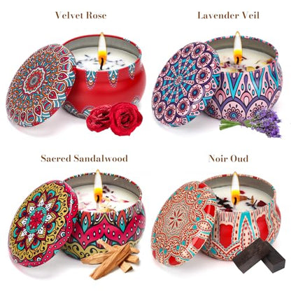 Anvaya Living Scented Candle Gift Set Features 4 Luxurious fragrances – Sandalwood, Rose, Lavender, and Oud. The Perfect Candle Gift for Christmas, Birthdays, Weddings, housewarmings and spa.