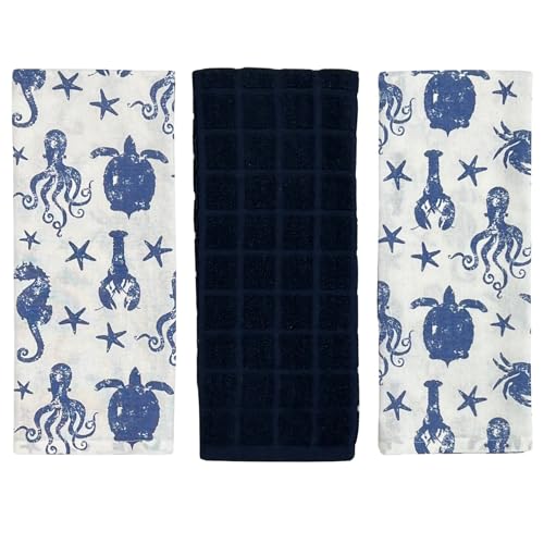 Summer Kitchen Pot Holder Oven Mitt Dish Towel Set: Fun Navy White Coastal Design, 5 pc Set (Coastal Blue) - color: Coastal Blue