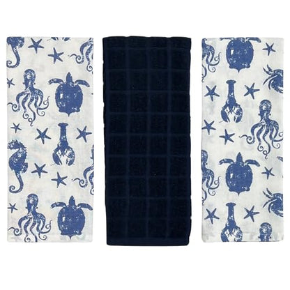 Summer Kitchen Pot Holder Oven Mitt Dish Towel Set: Fun Navy White Coastal Design, 5 pc Set (Coastal Blue) - color: Coastal Blue
