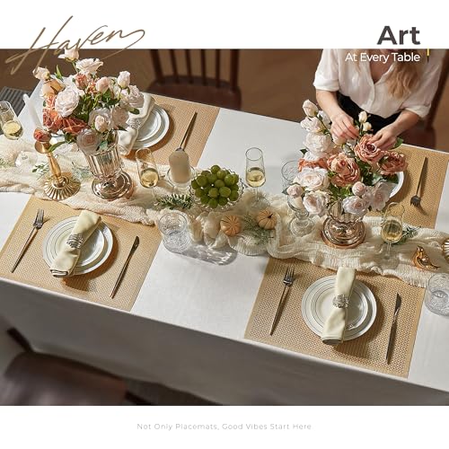Leetaltree Woven Vinyl Placemats Set of 12, Gold Sequin | Waterproof & Washable Dining Table Mats for Wedding, Anniversary, Daily Use, Hand-Cut, Easy to Clean - color: 00- Gold Sequin, size: Set of 12