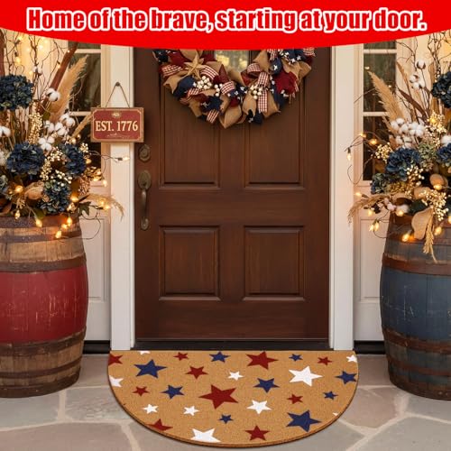 Duraaamo Independence Day Doormats Half Round 4th of July 250th Outdoor Mats Welcome Non Slip National Day Floor Mats for Front Porch Entryway Decor - style: Red Blue Stars