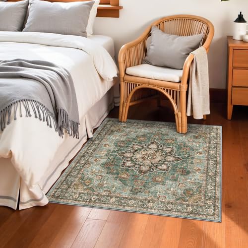 3x3 Washable Rug: Area Rugs for Kitchen Bedroom Bedside Bathroom Entryway | Non Slip Rug with Rubber Backing Low Pile Ultra Soft Stain Resistant Small Carpet Waterproof Easy-Clean Area Rug (Green, 3x3) - color: Green, size: 3' x 3' (Square)