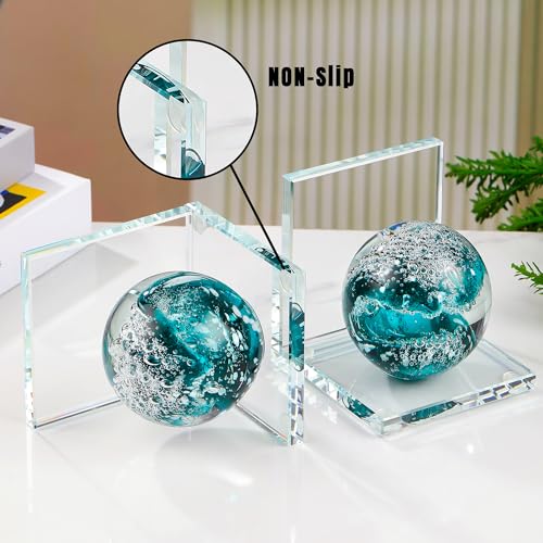 Glass Book Ends for Shelves, Dark Blue Hand Blown Sea Wave Ball, Set of 2 - color: Dark Blue